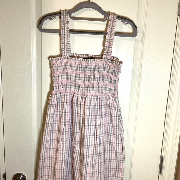 French Connection Women's Pink Grey Check Smocked Midi Sun Dress Size S Vacation - Picture 1 of 8